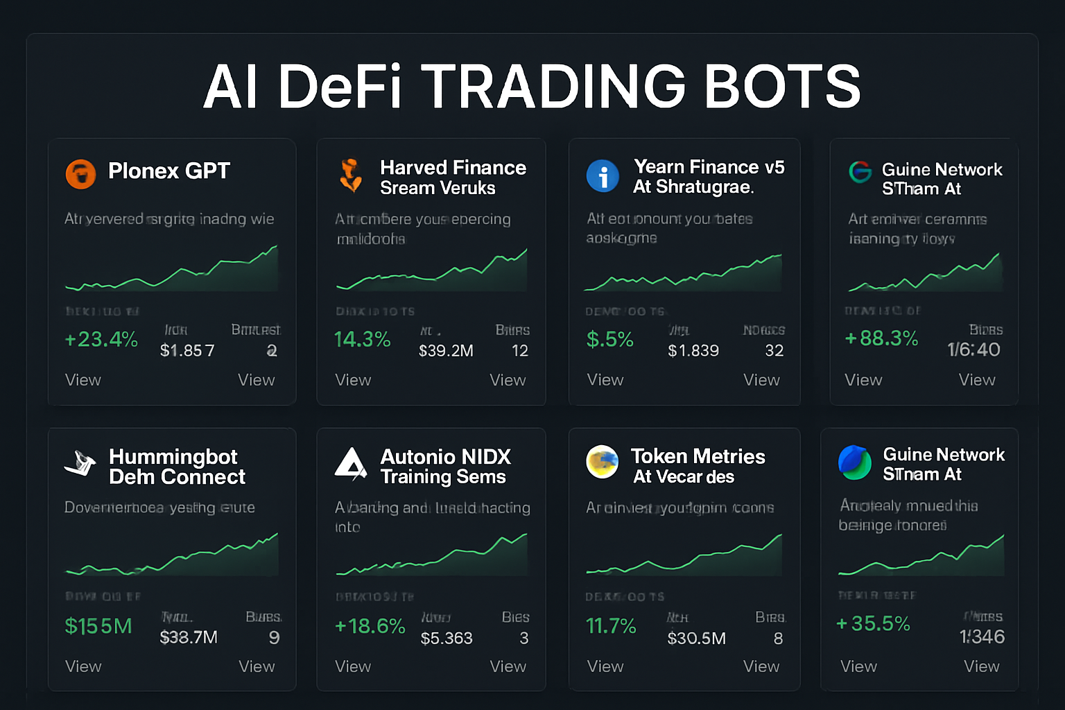 Dashboard screenshot featuring top AI crypto trading bots for DeFi yield farming in 2024, including Pionex GPT, Harvest Finance Smart Vaults, Yearn Finance v3 AI Strategies, Hummingbot DeFi Connect, Autonio NIOX Trading Suite, Token Metrics AI Yield Bot, and Gains Network gTrade AI.