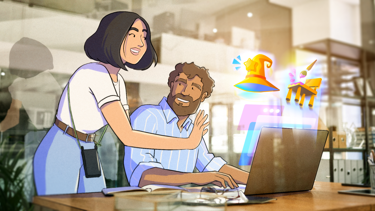 AI-powered NPCs engaging in dynamic conversation within a colorful, immersive video game world, showcasing generative AI technology.