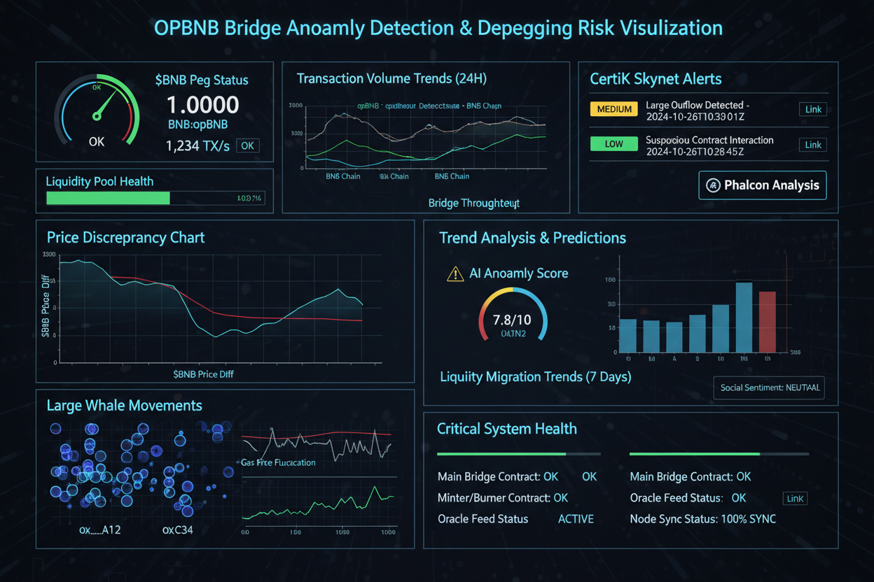 AI visualization dashboard flagging depegging anomaly on opBNB bridge flows using tools like Forta Network, BlockSec Phalcon, CertiK Skynet for cross-chain security monitoring