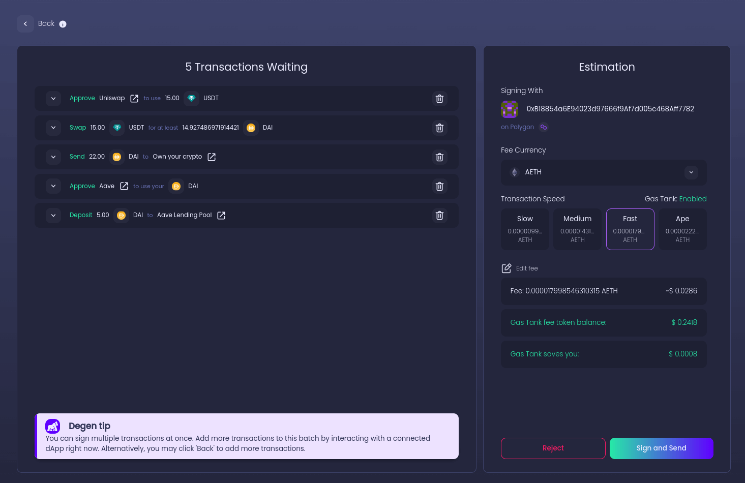 Ambire Wallet interface screenshot showing EIP-7702 transaction batching and smart account features for EOAs