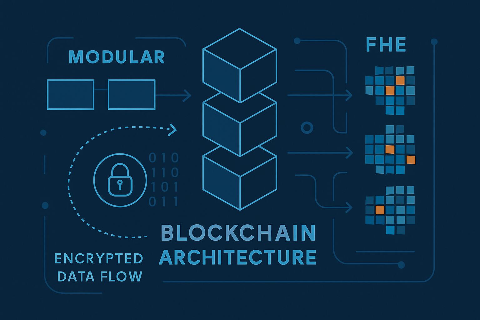 Abstract visualization of encrypted data streams flowing securely through a modular blockchain architecture, illustrating fully homomorphic encryption in data availability layers.