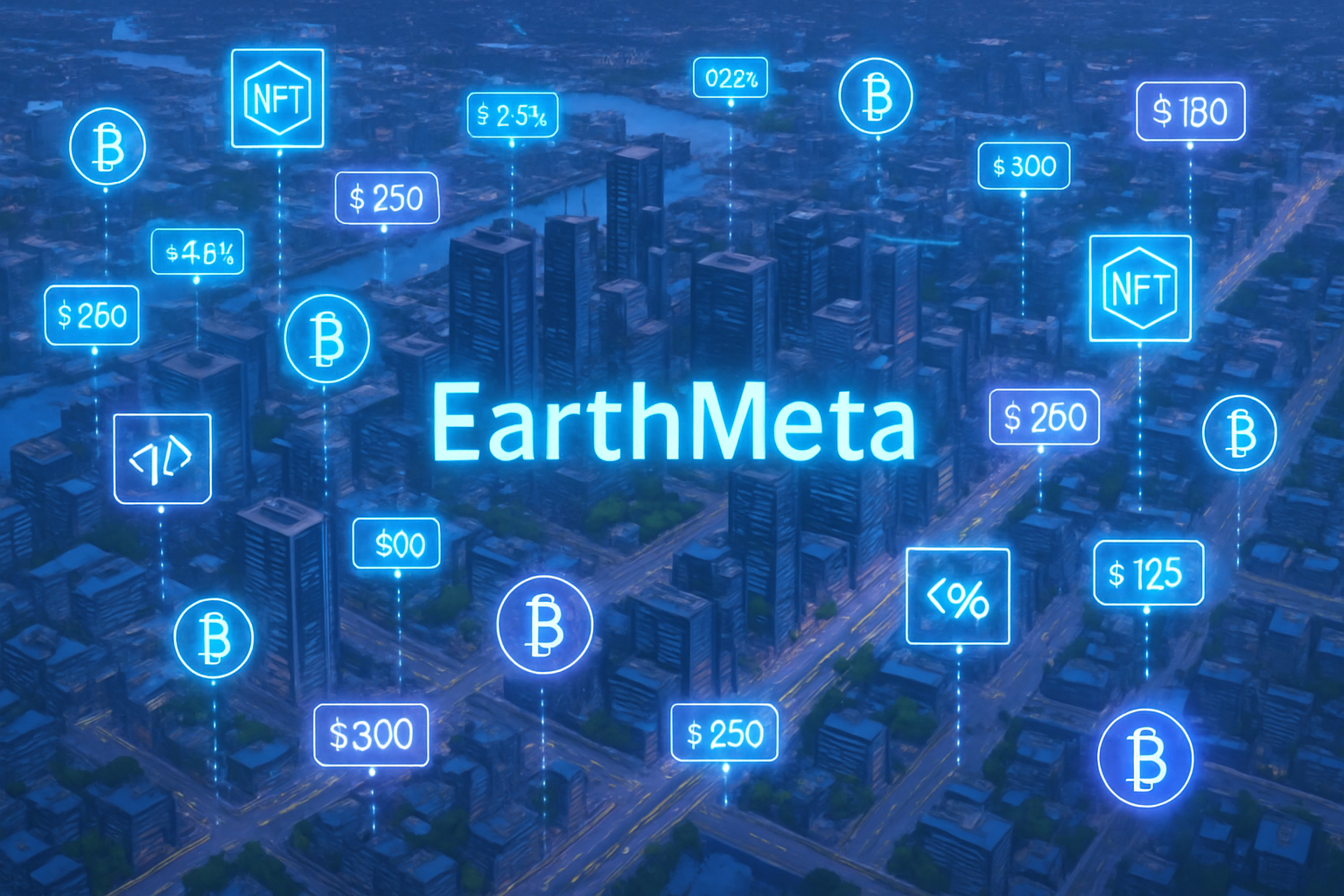 Aerial view of EarthMeta virtual cities with digital transaction flow overlays, illustrating NFT ownership and passive income opportunities in the metaverse.