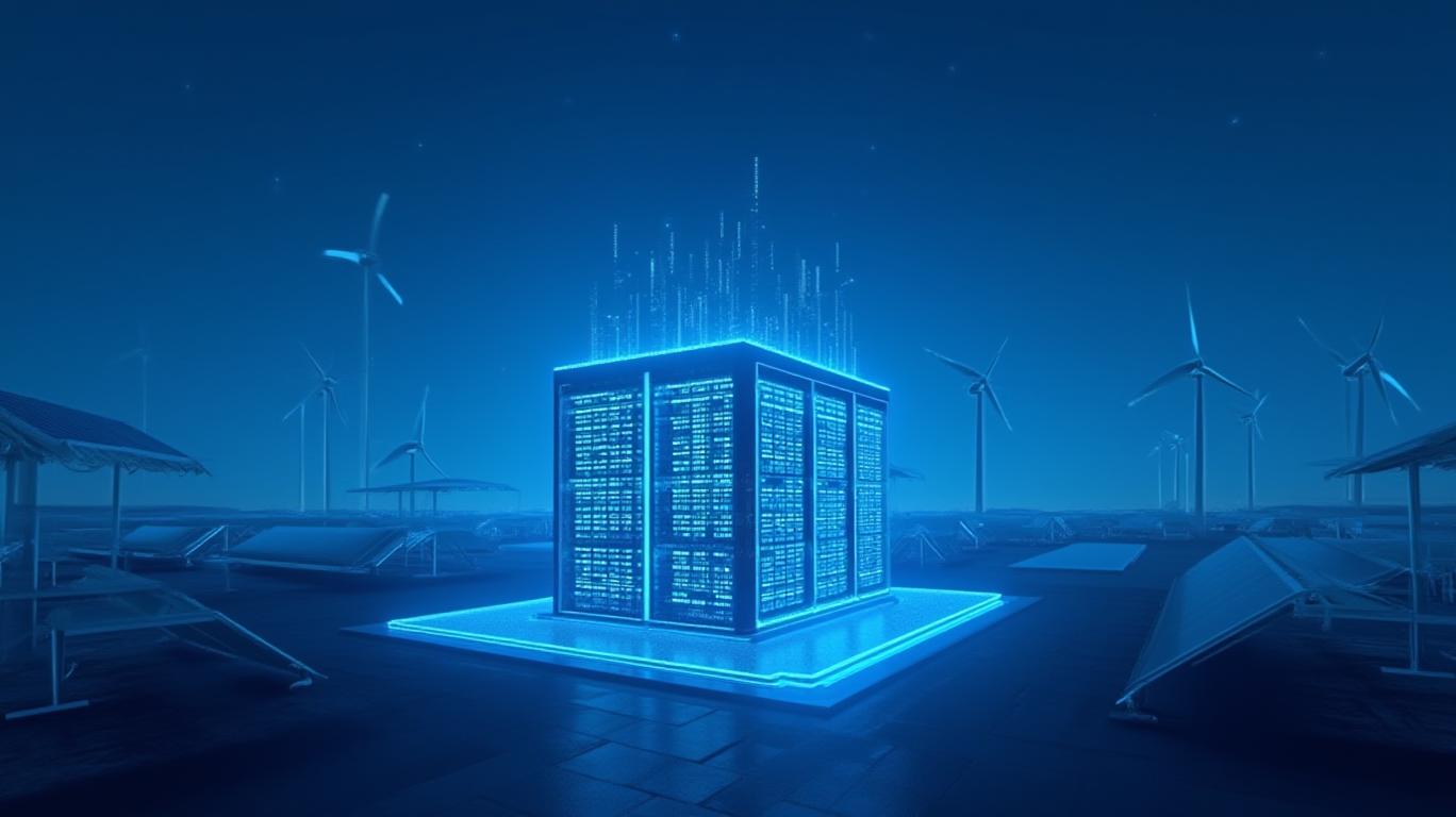 AI-powered cloud mining data center with solar panels and wind turbines for renewable energy in 2025