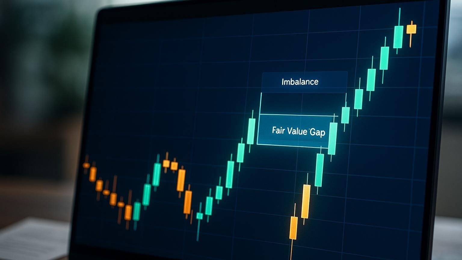 Conceptual image of a crypto trader analyzing fair value gaps on a digital trading platform, representing bullish FVG strategy in day trading