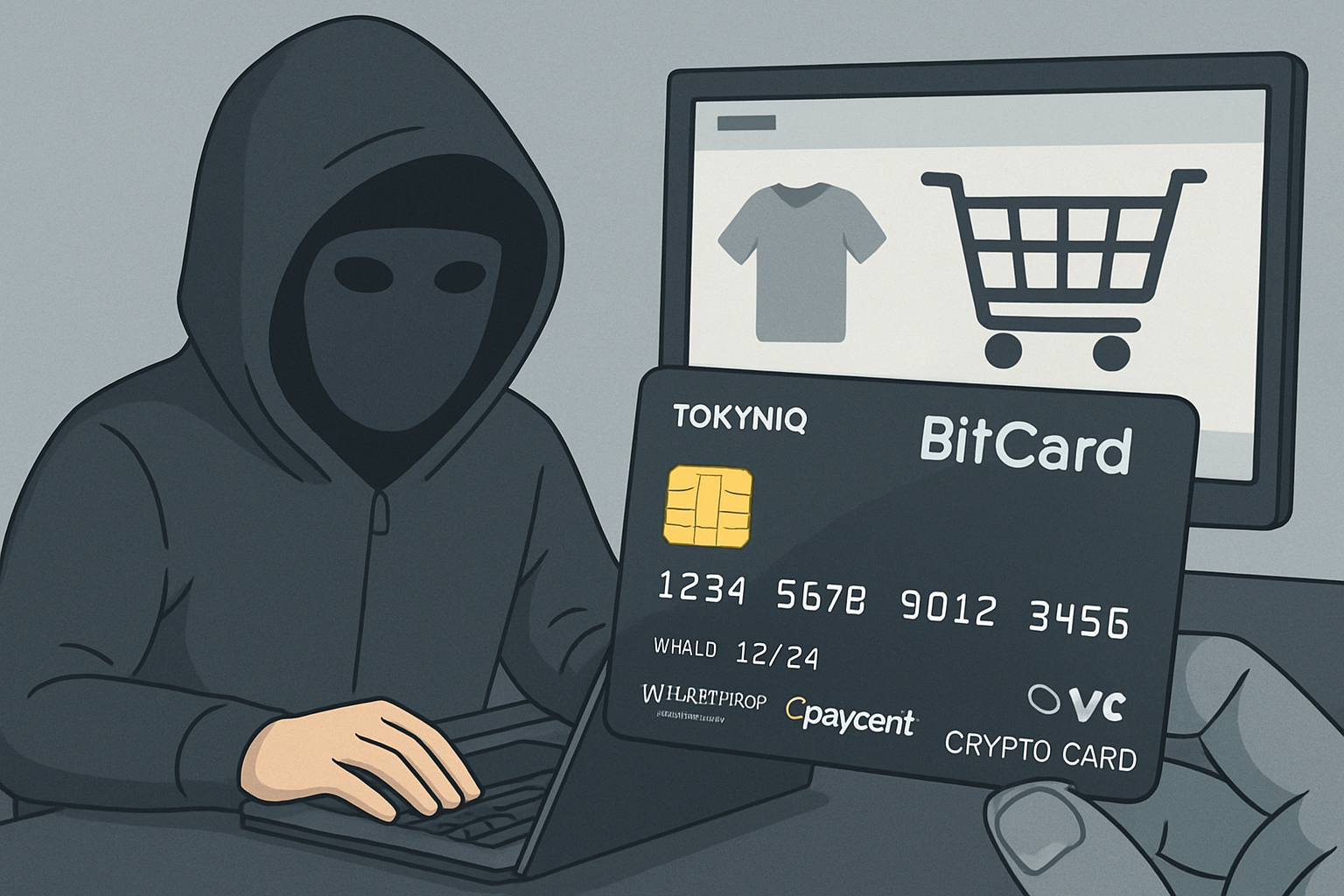 Anonymous online shopper using a no-KYC crypto credit card for private purchases in 2024, featuring Tokyniq, BitCard, Walletmor, CoinsPaid, and Paycent.