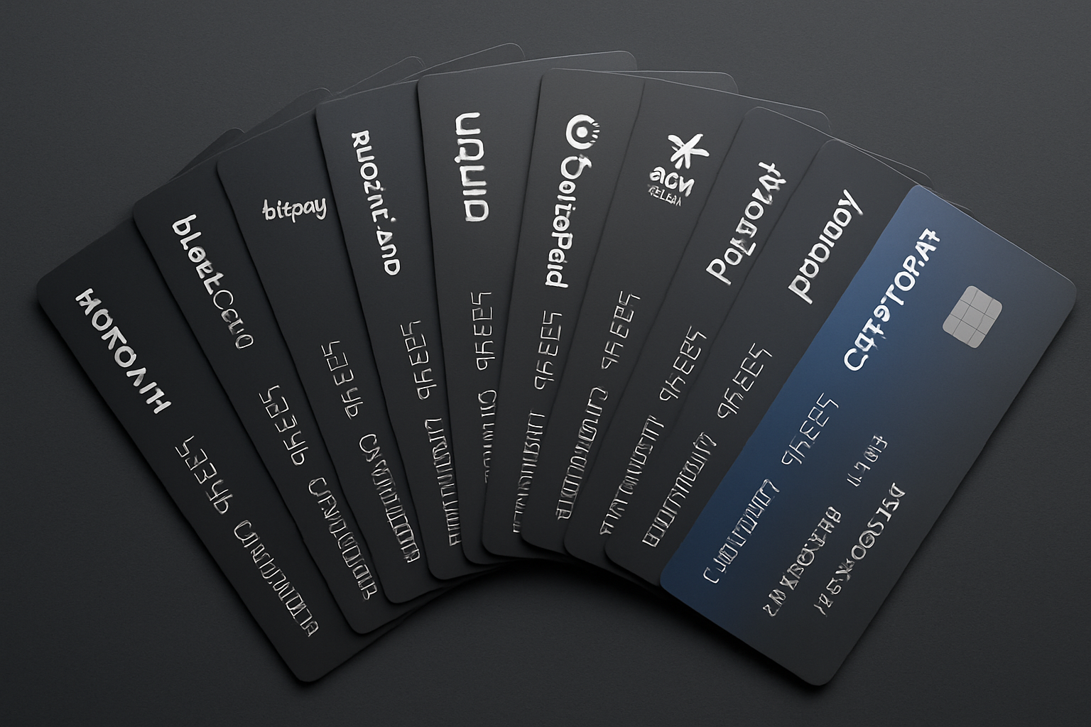 Array of top no-KYC crypto credit cards for anonymous purchases in 2025, including Monolith, BitPay, BlockCard, SpectroCoin, Uquid, CoinsPaid, Advcash, Paycent, Cryptopay, and Wirex, fanned out on a dark background.