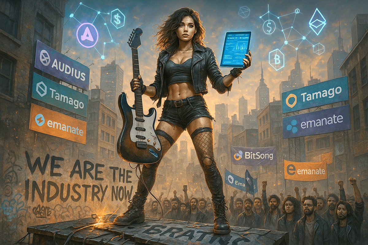 Artist and fans celebrating music royalties tokenization with floating digital tokens representing blockchain ownership