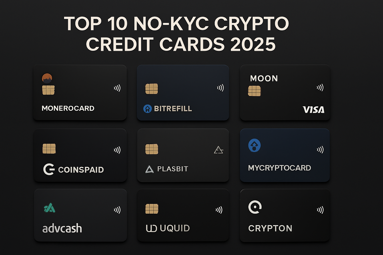 Assortment of top 10 no-KYC crypto credit cards for private spending in 2025, including MoneroCard, Bitrefill Card, PayWithMoon Visa, CoinsPaid, PlasBit, MyCryptoCard, Advcash, Uquid, Satoshipay, and Crypton, displayed on a dark background.
