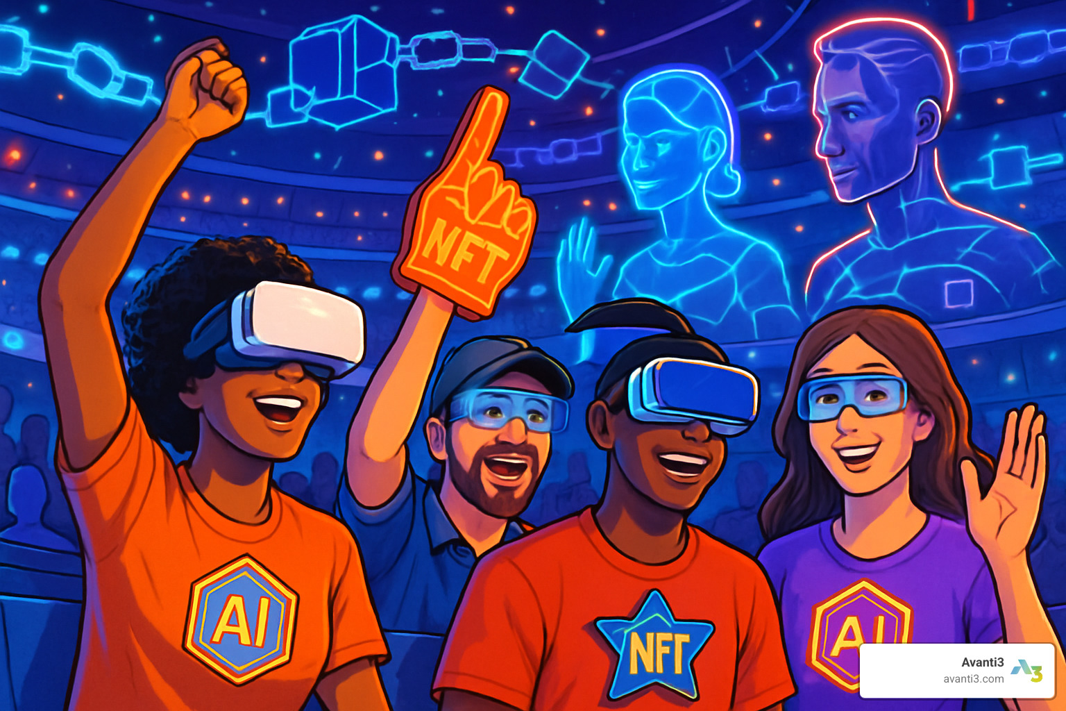 Energetic sports fans at a stadium holding up smartphones displaying digital collectibles and fan tokens, illustrating the fusion of blockchain technology and sports fandom in 2025.