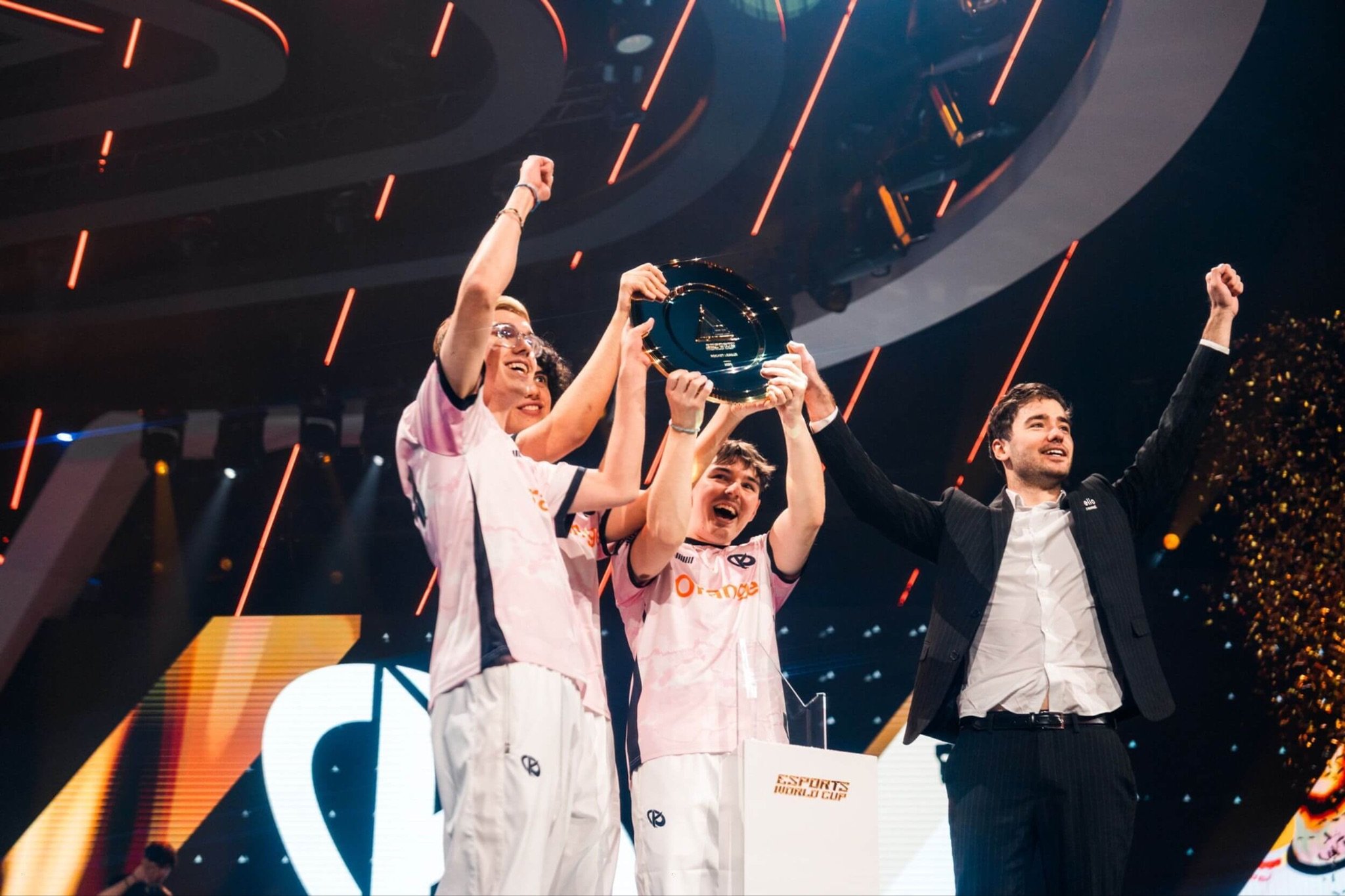 Energetic esports team celebrating a crypto-backed tournament victory on stage, holding trophies and displaying excitement, with digital crypto symbols in the background