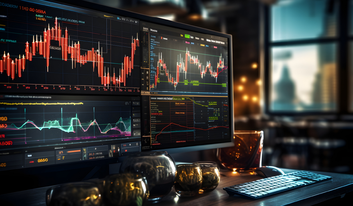 Energetic crypto trader at a modern trading desk monitoring multiple digital asset charts, representing secure strategies for new Bitcoin buyers during market volatility, with a focus on risk management and platform safety.