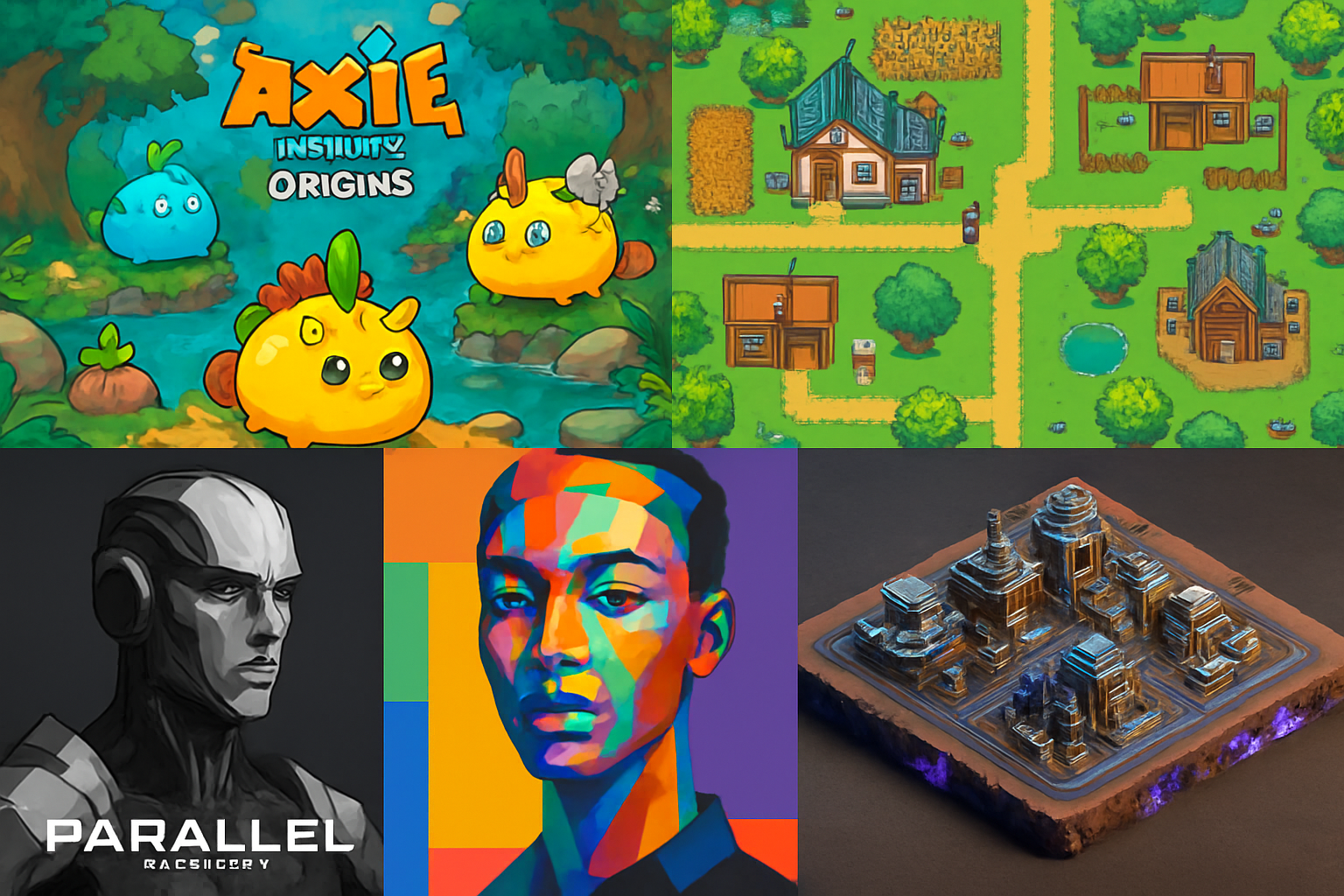 Collage of top gaming NFT collections October 2025: Axie Infinity Origins, Pixels Land Parcels, Abstract Champions, Parallel Avatars, Illuvium Zero, featuring gameplay and NFT artwork from Ronin, ABS, and Ethereum blockchains.