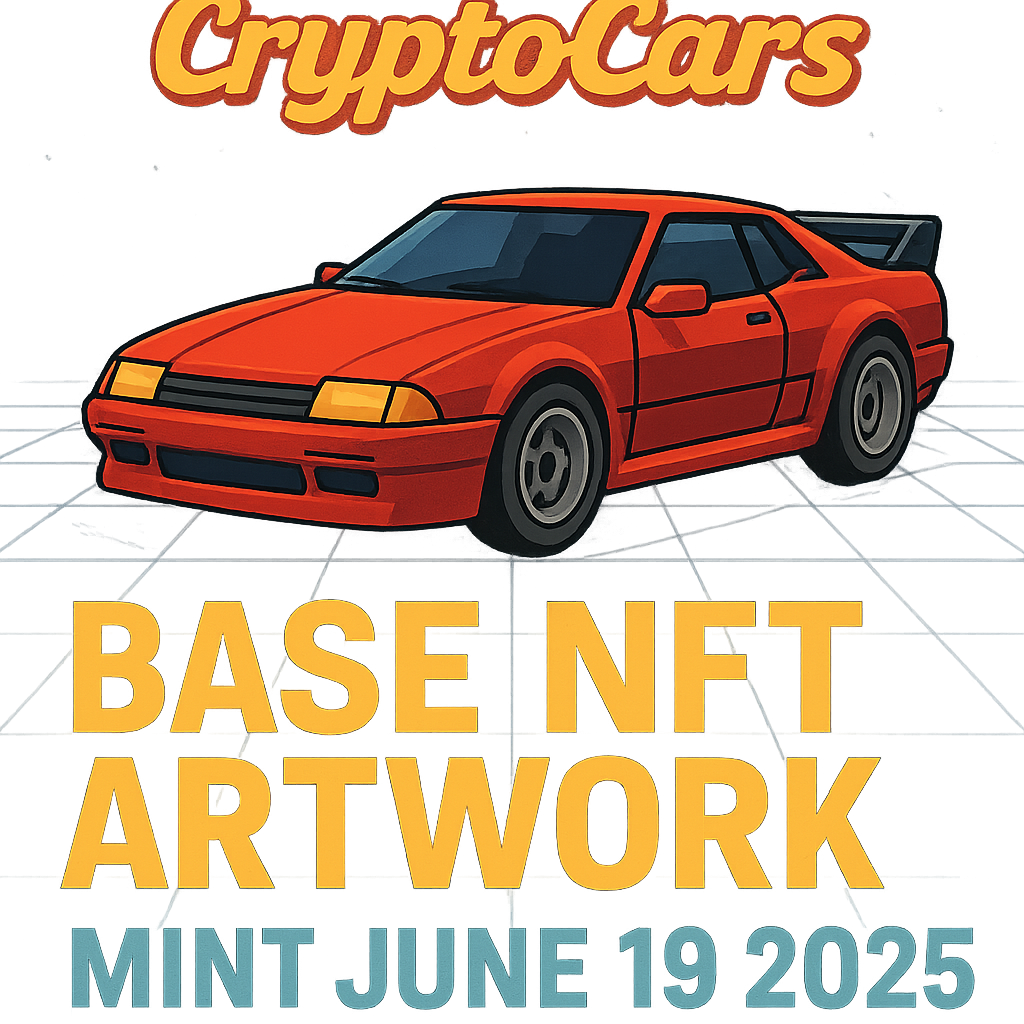 CryptoCars (Base) NFT promotional artwork highlighting the upcoming mint event on June 19, 2025, part of the top five NFT projects launching on the Base chain in mid-2025.