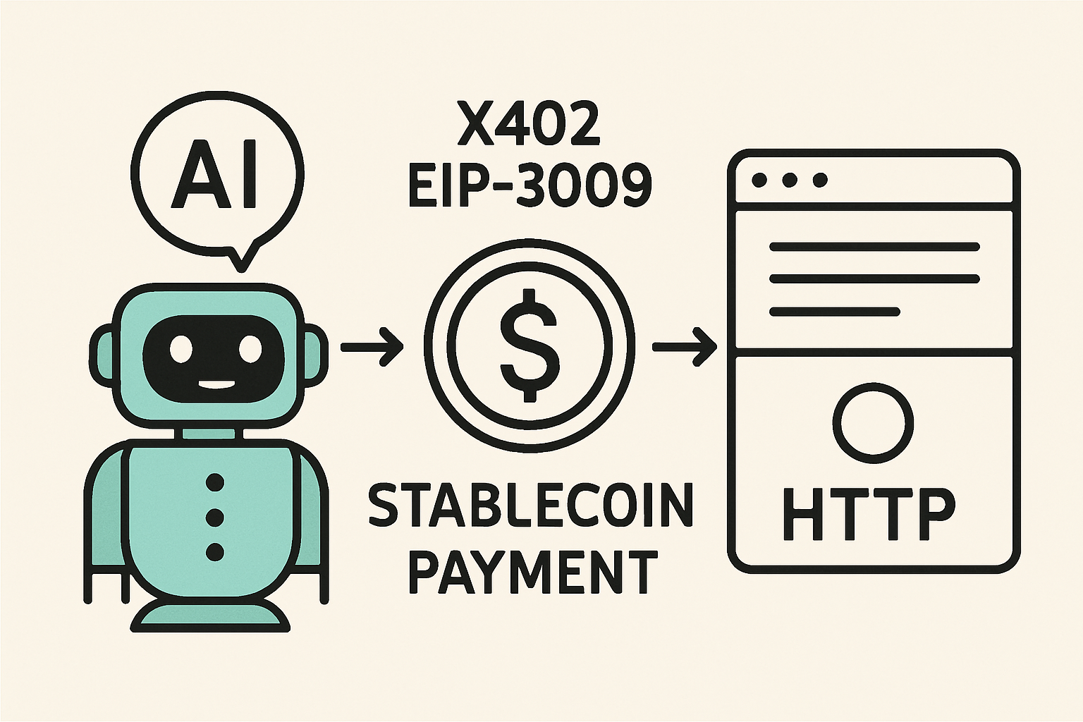 AI agent making a secure stablecoin payment using X402 protocol over HTTP, illustrating EIP-3009 integration for gasless transfers