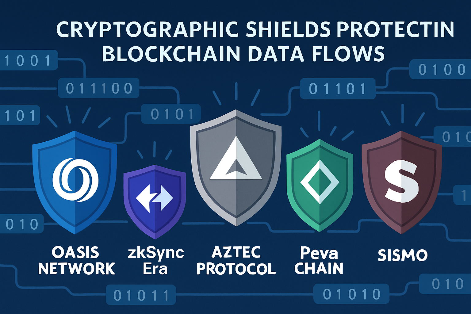 Illustration of cryptographic shields protecting blockchain data flows, featuring Oasis Network, zkSync Era, Aztec Protocol, PEvaChain, and Sismo for privacy-preserving credit scoring.