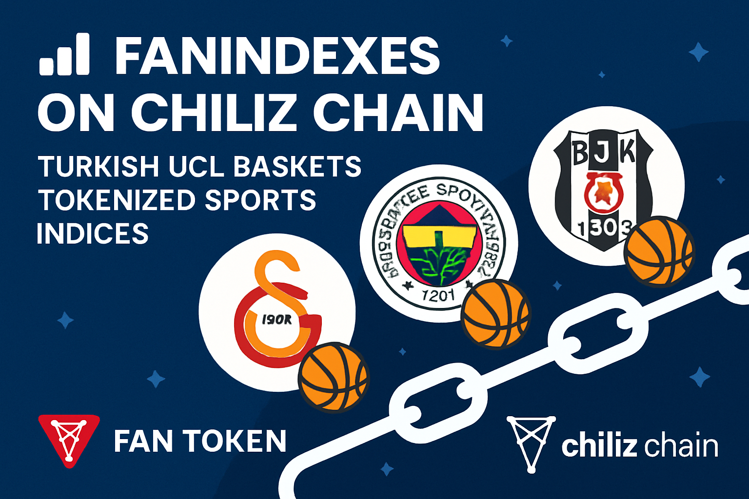 Illustration of FanIndexes on Chiliz Chain featuring Turkish and UCL fan token baskets with digital sports assets and blockchain elements