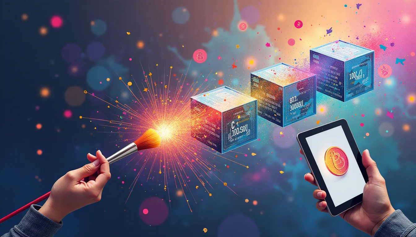 Digital artwork of a music NFT symbolizing fractional ownership, featuring multiple hands holding pieces of a music note to represent fans owning shares in a new artist's release.