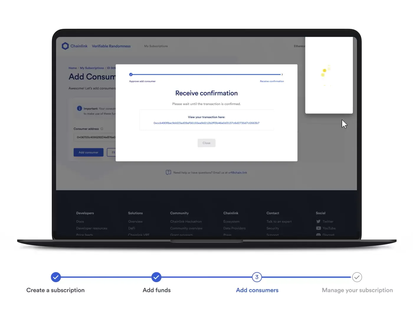 Digital lottery draw interface with 'Winner Announced' banner and Chainlink VRF logo, symbolizing transparent and fair on-chain blockchain lotteries