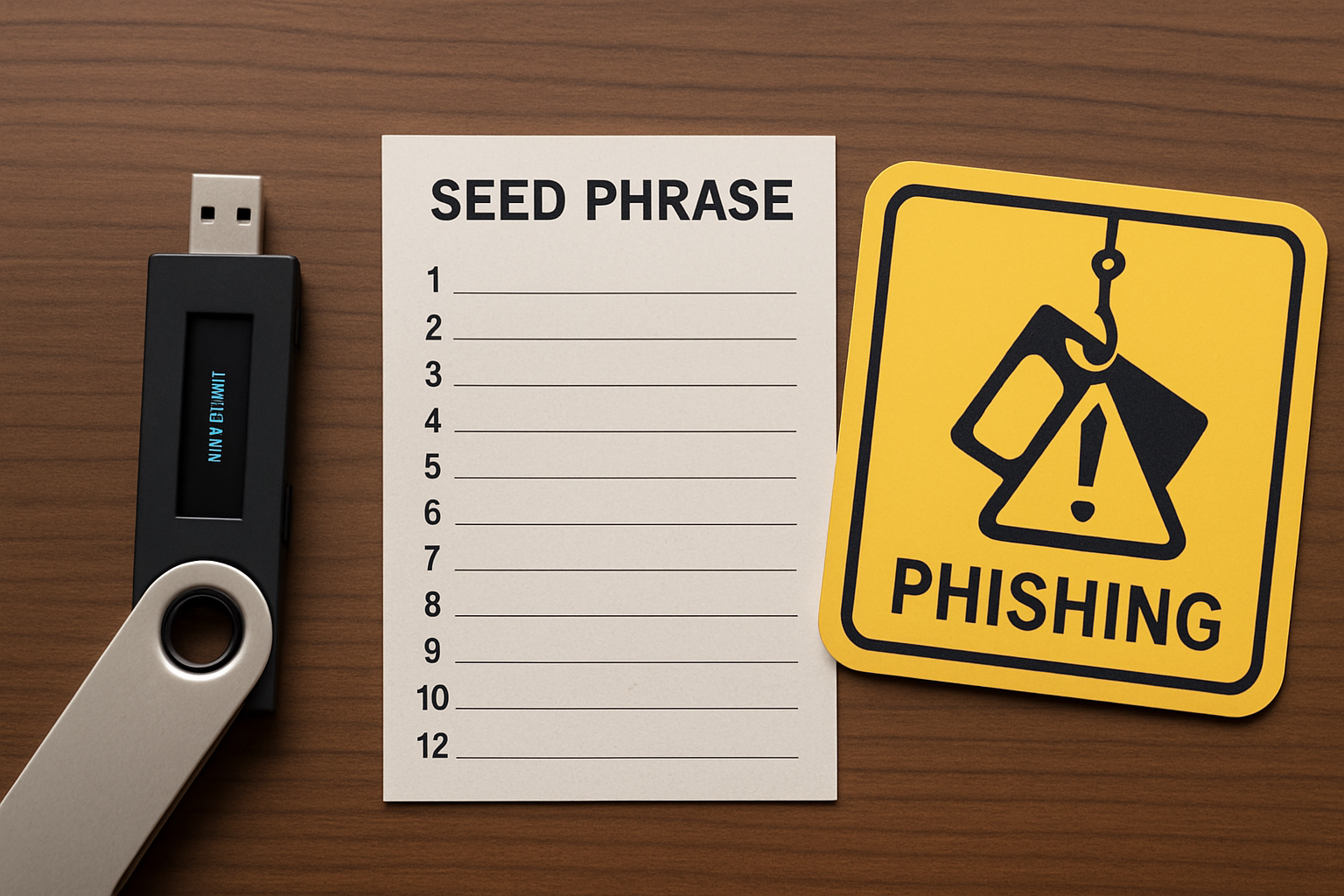 Hardware crypto wallet, paper seed phrase backup, and phishing warning sign for 2025 security best practices