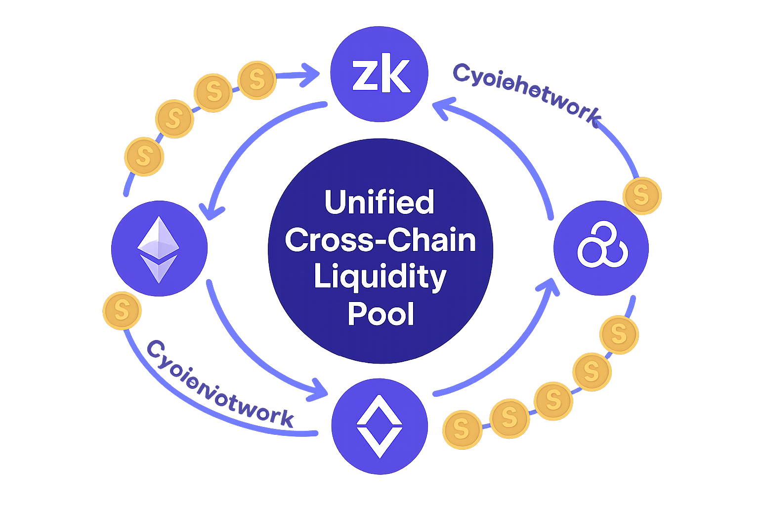 Infographic showing unified cross-chain liquidity pools with assets seamlessly flowing between zkCross Network and CycleNetwork across multiple blockchains