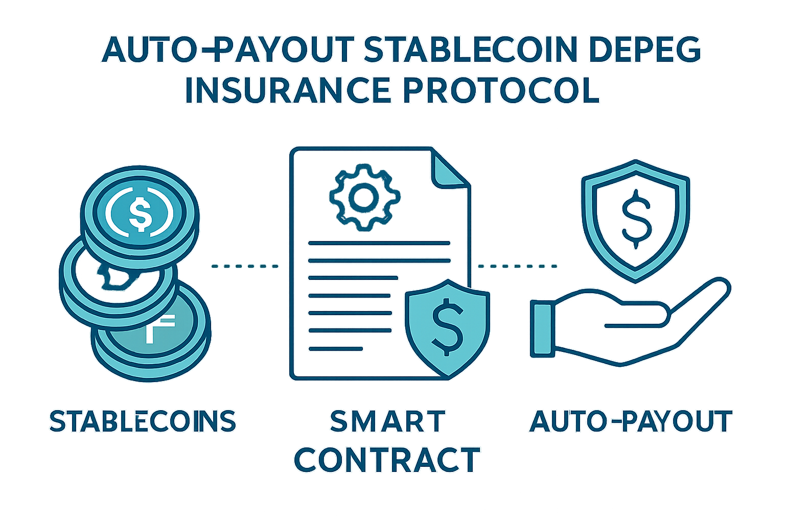 Infographic illustrating auto-payouts in stablecoin depeg insurance protocols using smart contracts and oracles for USDC, DAI, and USDT.