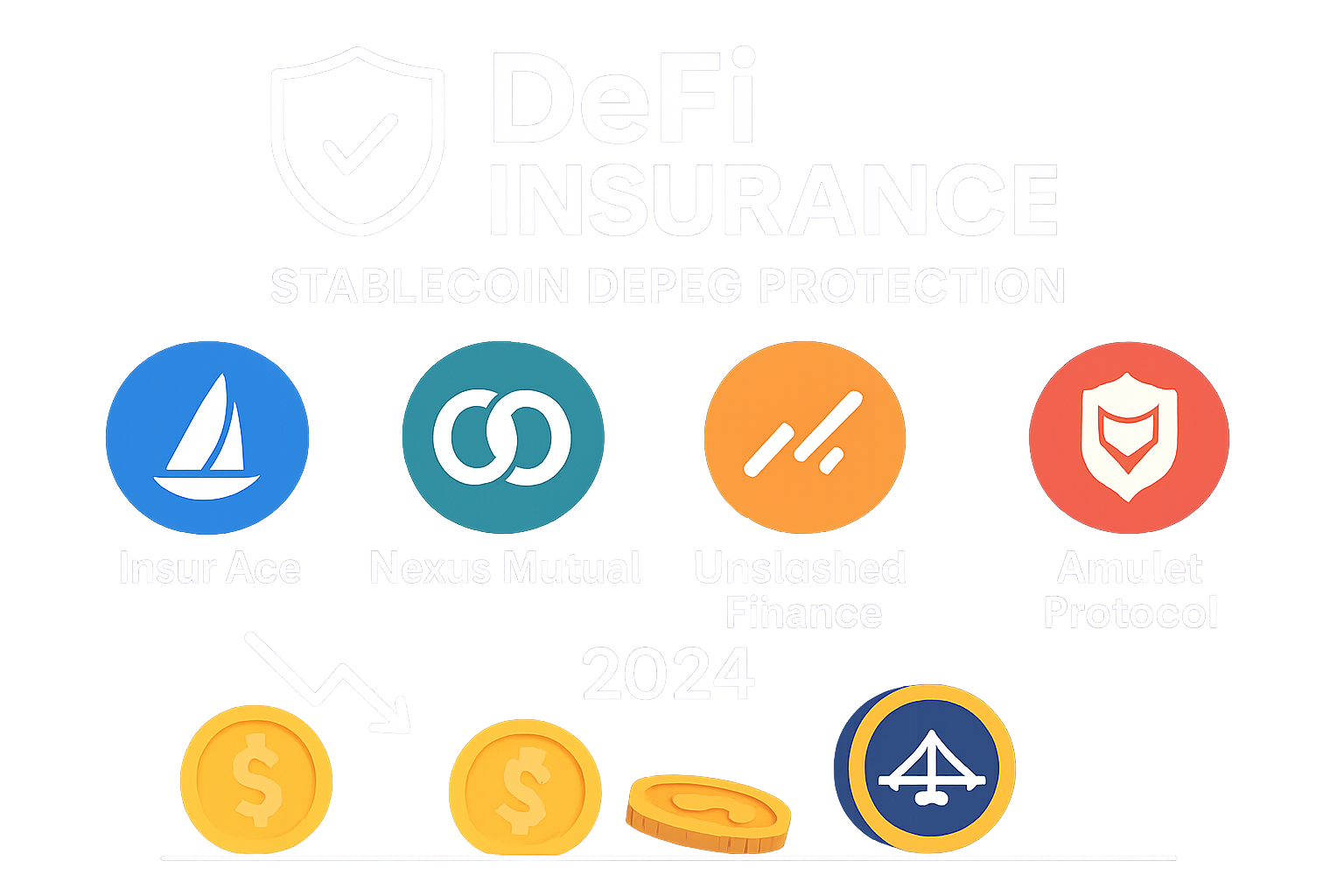 Infographic illustrating top DeFi insurance protocols—InsurAce, Nexus Mutual, Unslashed Finance, Amulet Protocol, and Bridge Mutual—protecting users against stablecoin depeg risks in 2024.