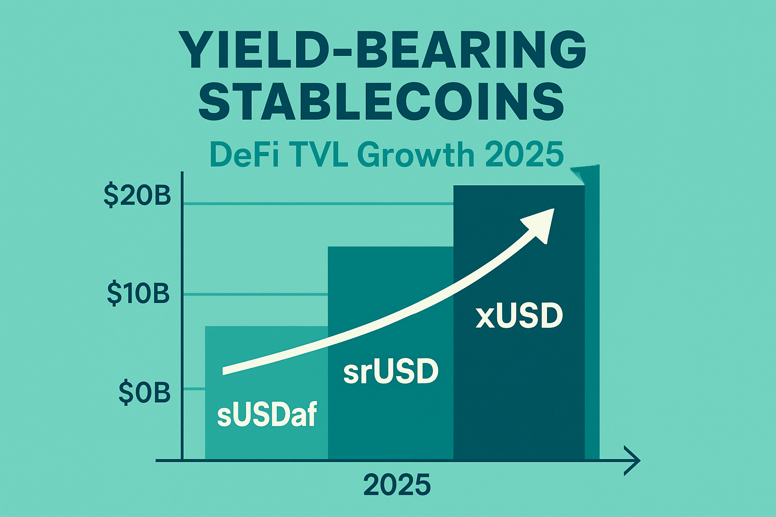 Infographic illustrating sUSDaf, srUSD, and xUSD as the top yield-bearing stablecoins driving DeFi TVL growth in 2025, highlighting their dominance and innovation in passive income strategies.