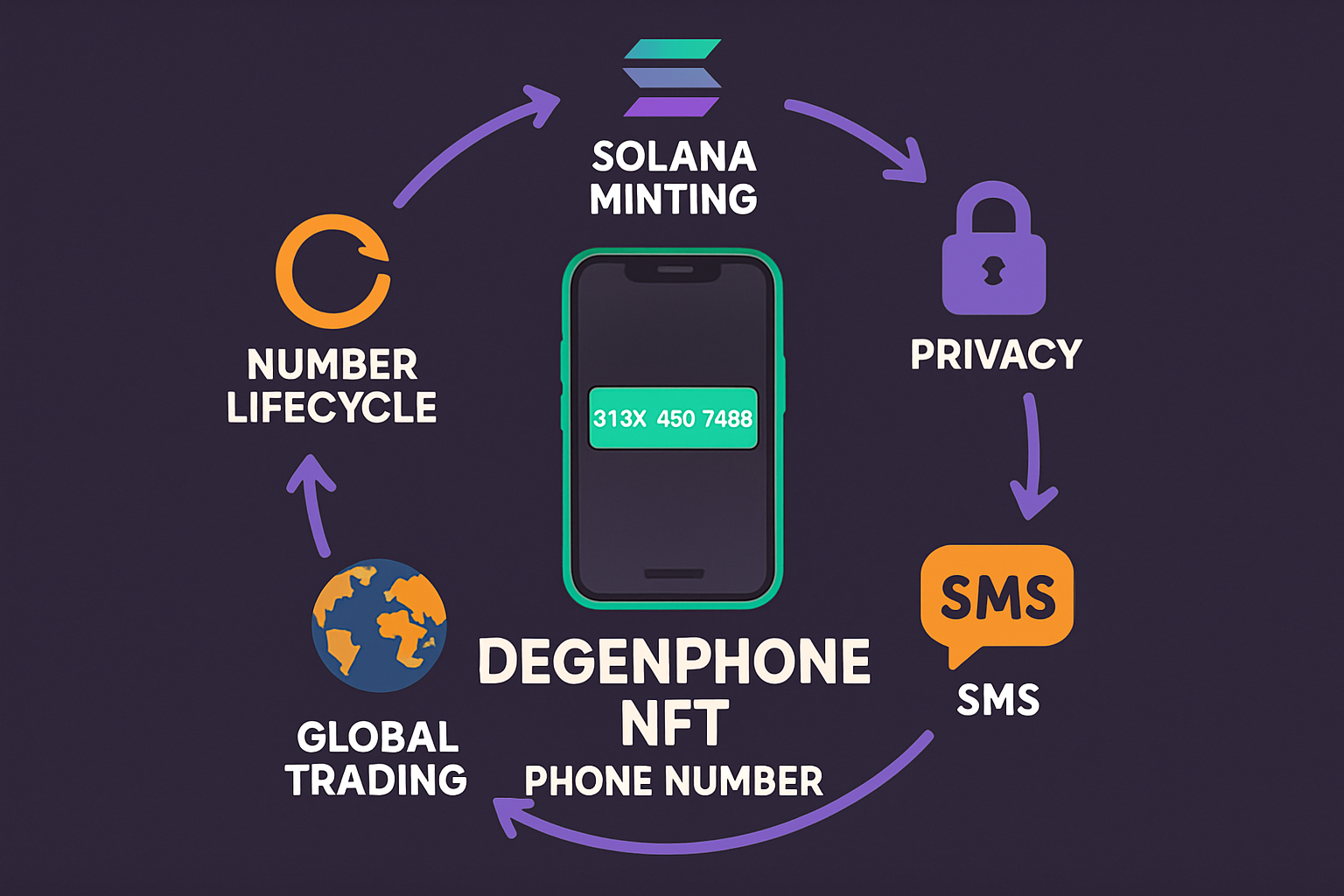 Infographic showing the lifecycle of an NFT phone number on Solana, with icons for minting, privacy, SMS reception, and global trading via DegenPhone