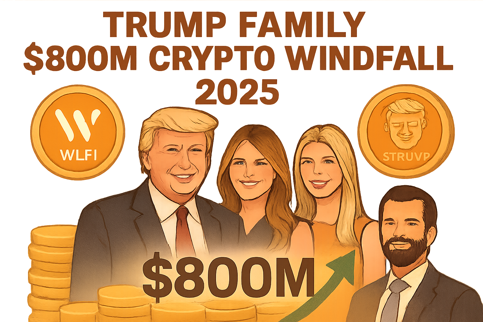 Infographic depicting Trump family's $800M crypto windfall in 2025 with WLFI and $TRUMP meme coin logos, highlighting political adoption of cryptocurrency.