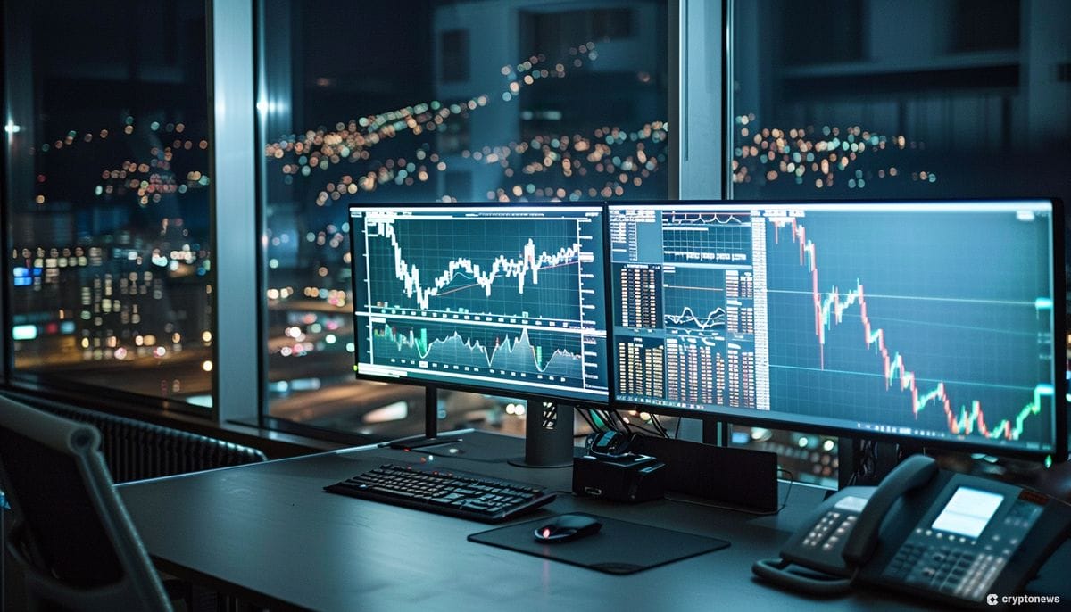 Institutional trading desk with multiple monitors displaying Bitcoin, Ethereum, and Solana charts, showcasing professional crypto analysis environment