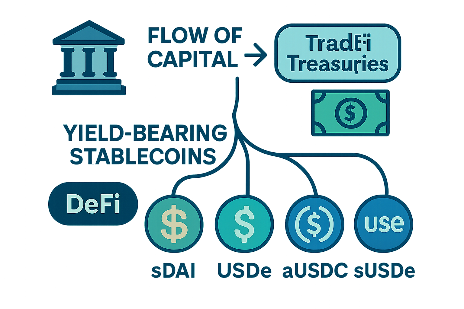 Animated infographic illustrating capital flow from traditional finance assets like US Treasuries into DeFi protocols via top yield-bearing stablecoins in 2024, featuring sDAI, USDe, USDai, aUSDC, and sUSDe.