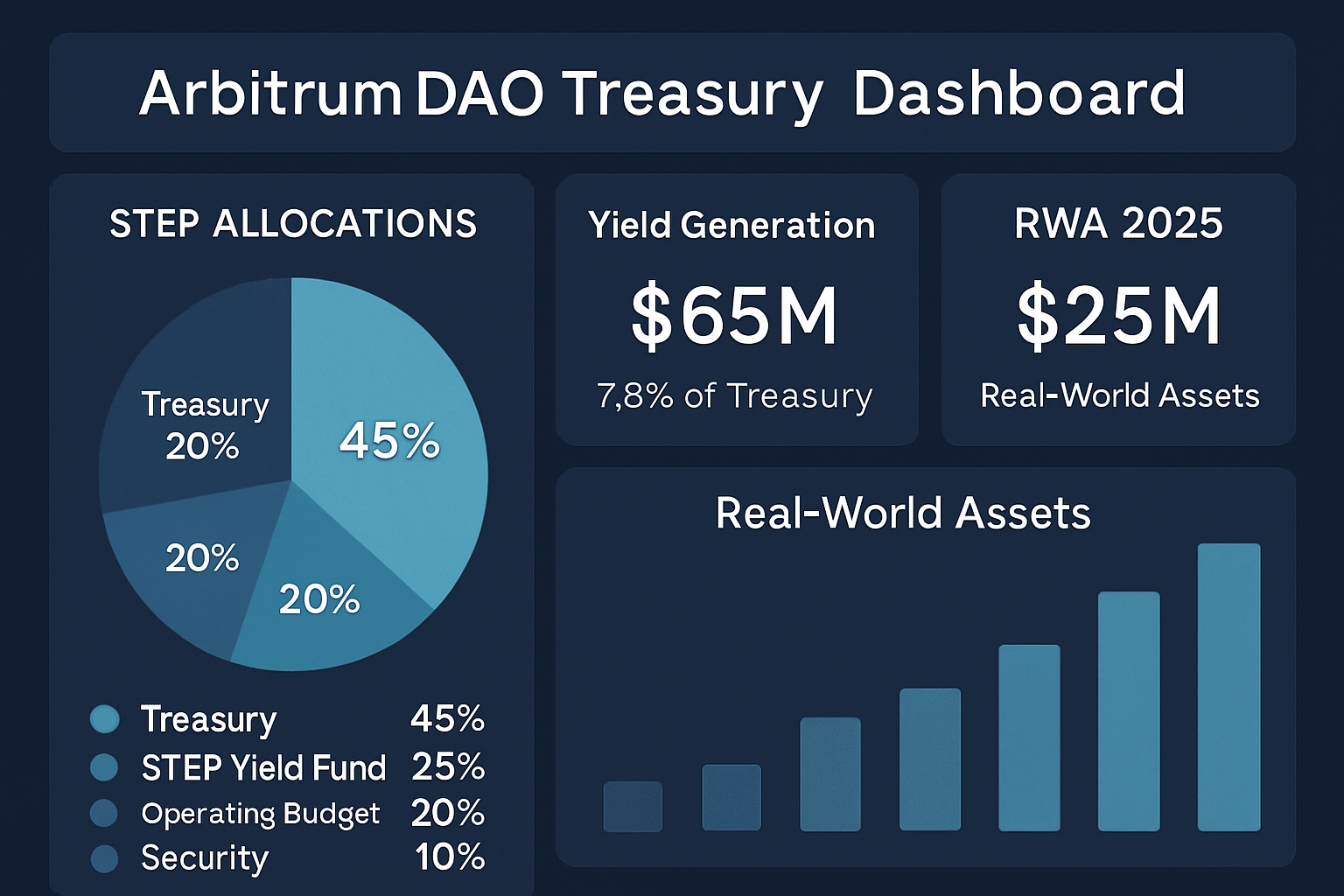 Arbitrum DAO treasury dashboard showing STEP allocations and sustainable yield generation from tokenized real-world assets in 2025.