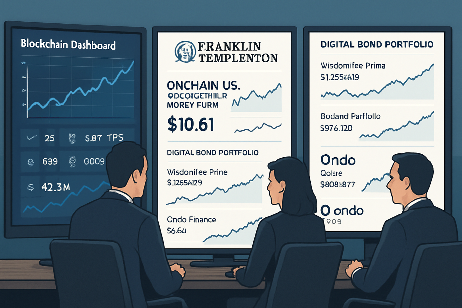 Asset managers analyzing blockchain dashboards and digital bond portfolios for tokenized U.S. Treasuries from Franklin Templeton, WisdomTree, and Ondo Finance