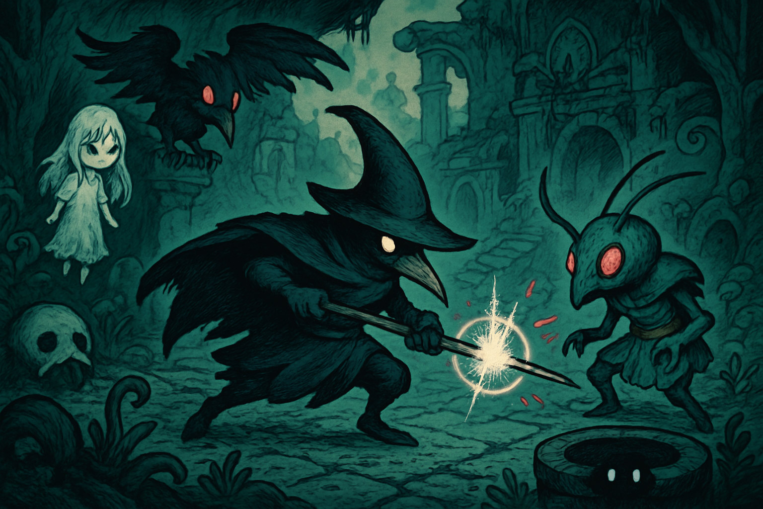 Atmospheric hand-drawn indie game world featuring Crowsworn, Bō: Path of the Teal Lotus, Nine Sols, Ender Lilies, Never Grave, BIOMORPH, and Animal Well—Metroidvania exploration and Japanese folklore inspiration