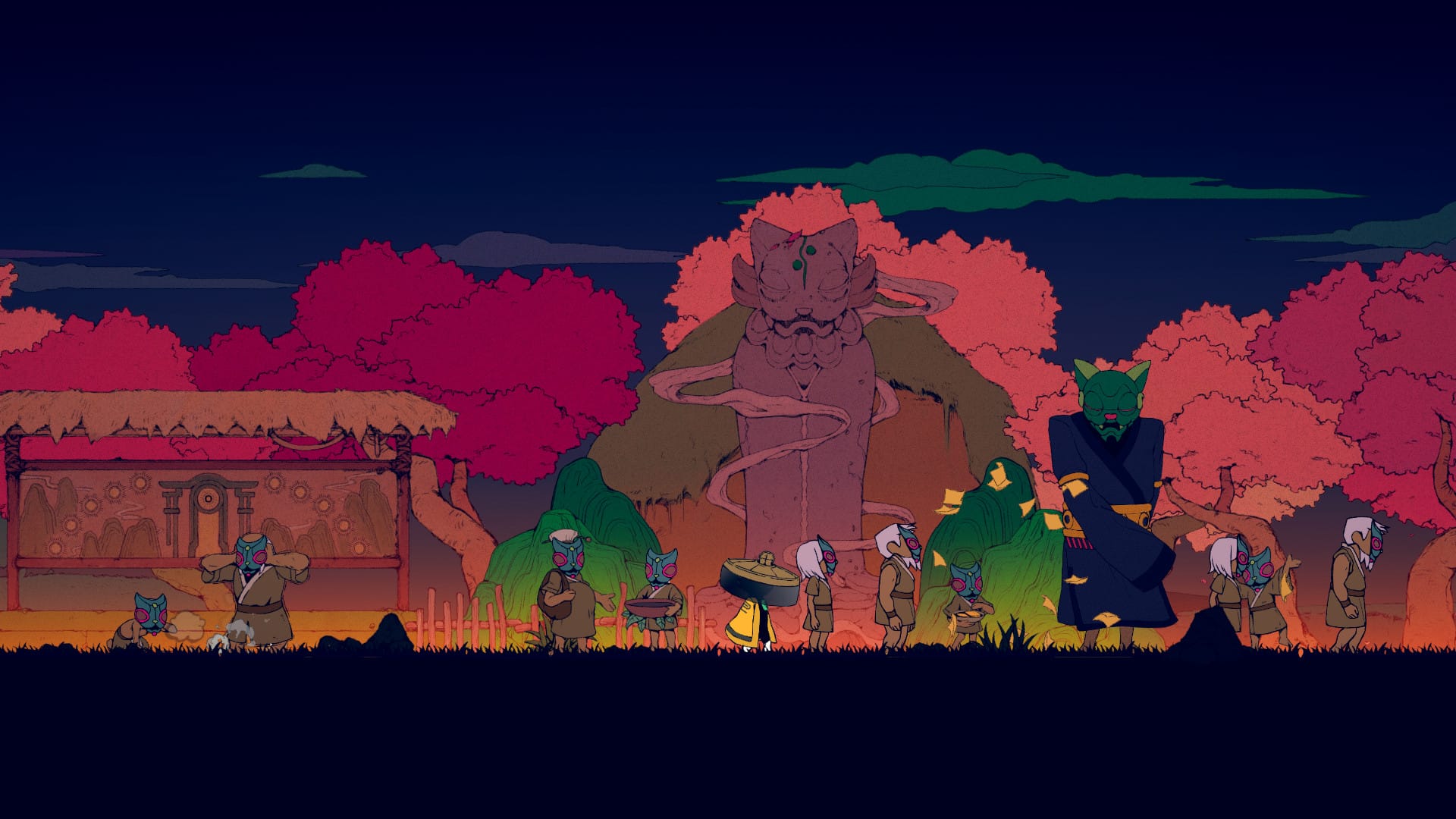 Atmospheric hand-drawn scene from Nine Sols, a 2024 indie metroidvania game, featuring detailed environments and moody lighting for fans of Hollow Knight, Ori, and Celeste.