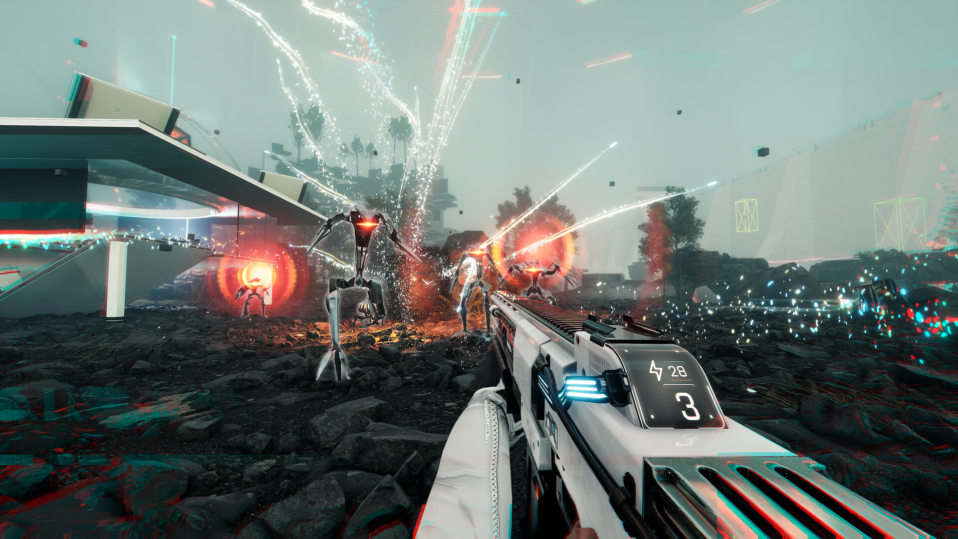 Atmospheric pixel art gameplay screenshot from Caves of Qud, showcasing its retrofuturist roguelike world