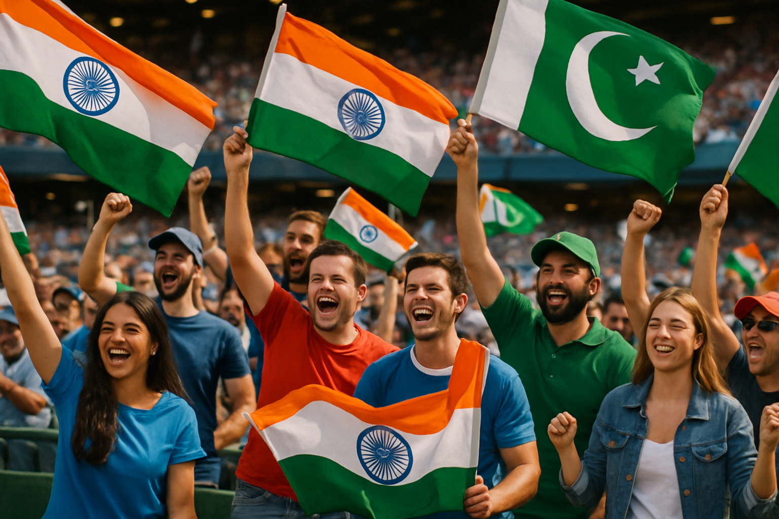 cricket match fans waving flags