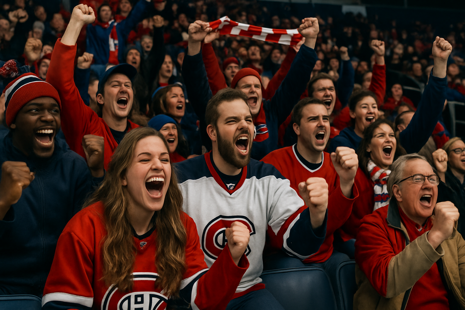 ice hockey fans excited in stands