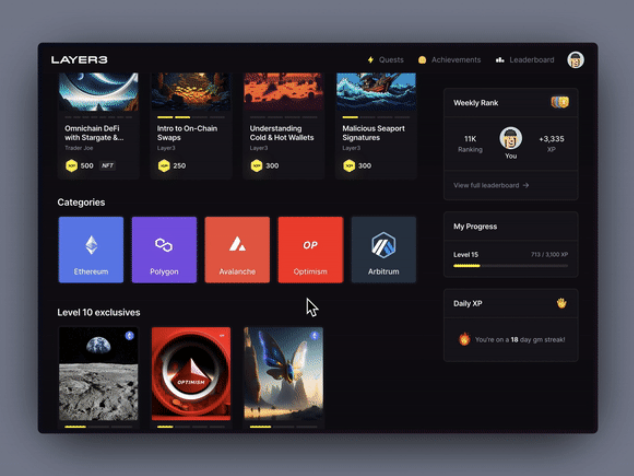 Layer3 DeFi quests and rewards interface