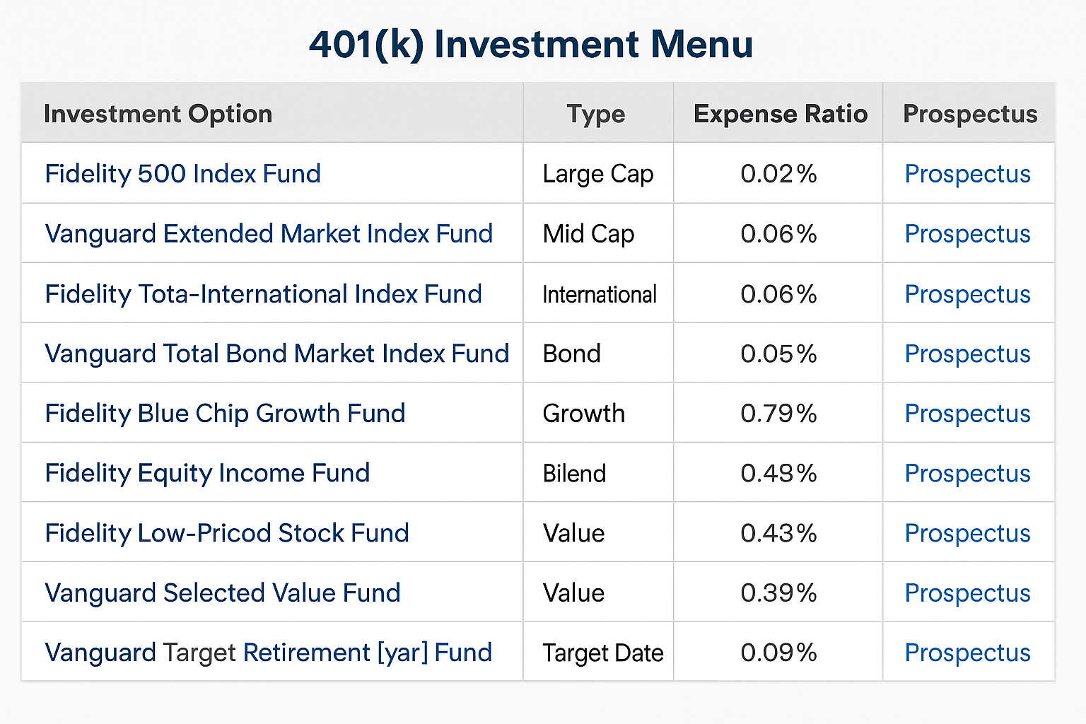 401k investment menu screenshot Fidelity Vanguard