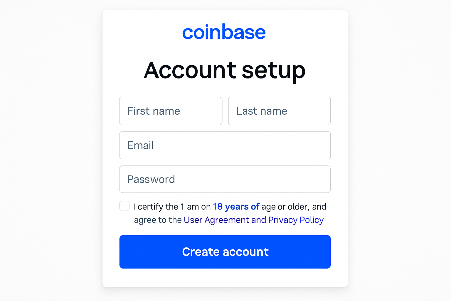 Coinbase account setup interface