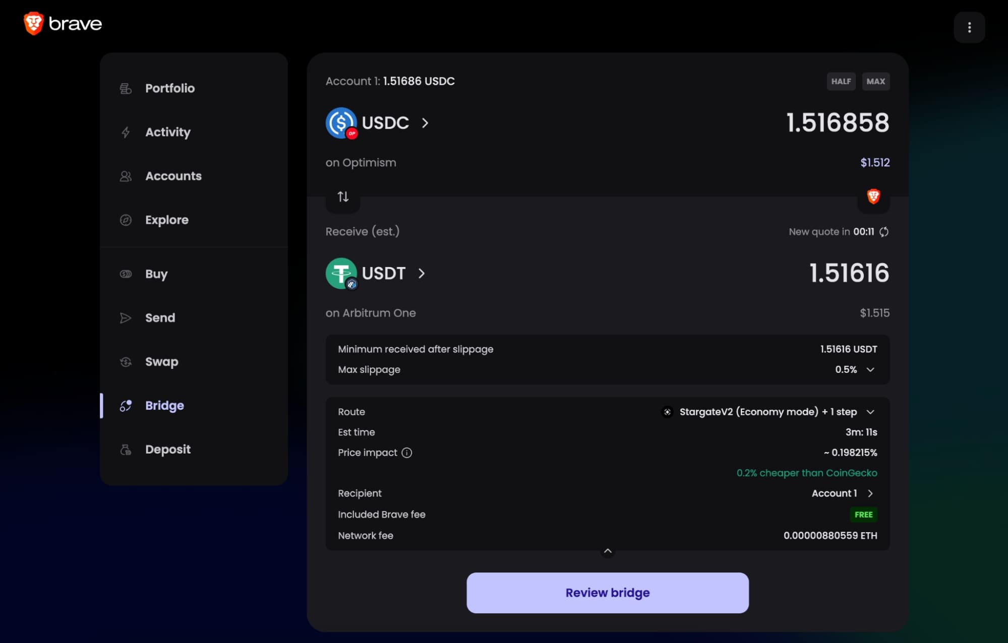 one-click cross-chain swap wallet interface