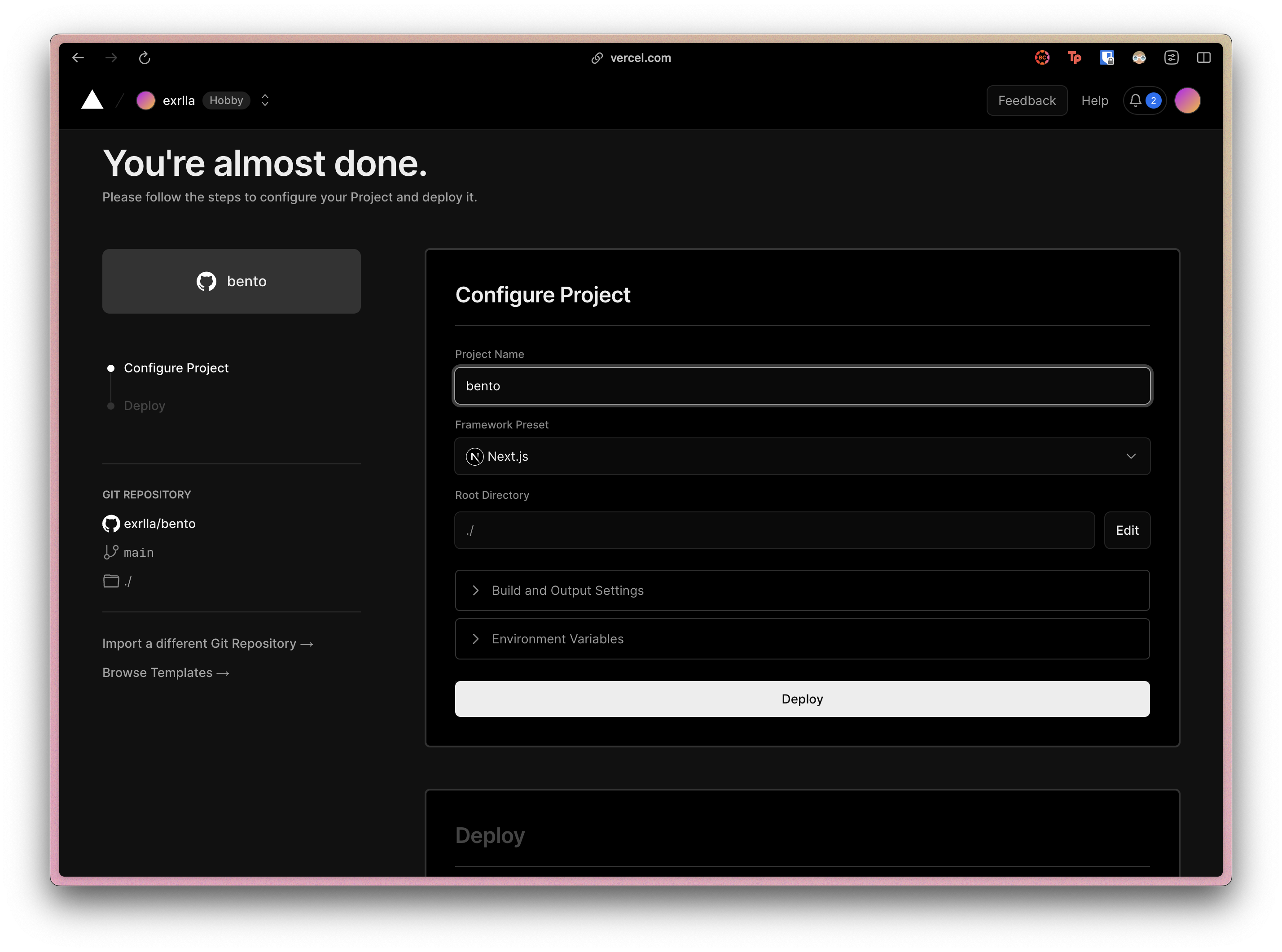 Vercel hosting dashboard for web apps