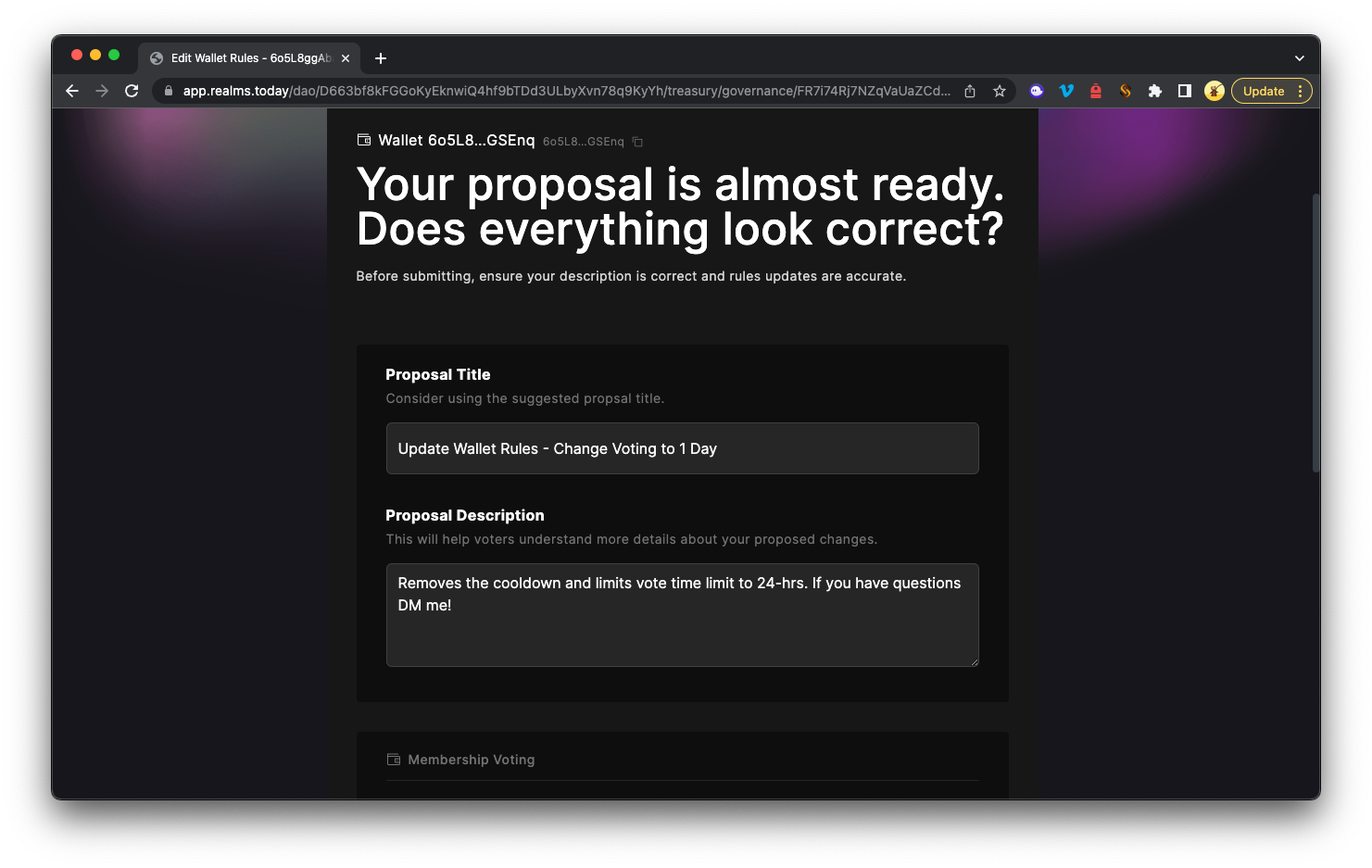 Solana Realms v2 multi-choice proposal voting screen