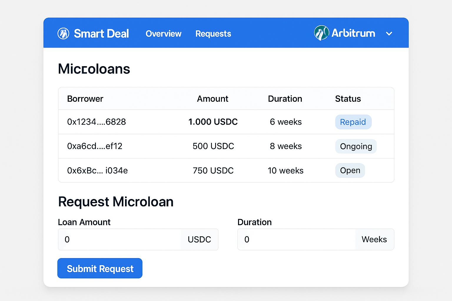Smart Deal Arbitrum microfinance dapp screenshot