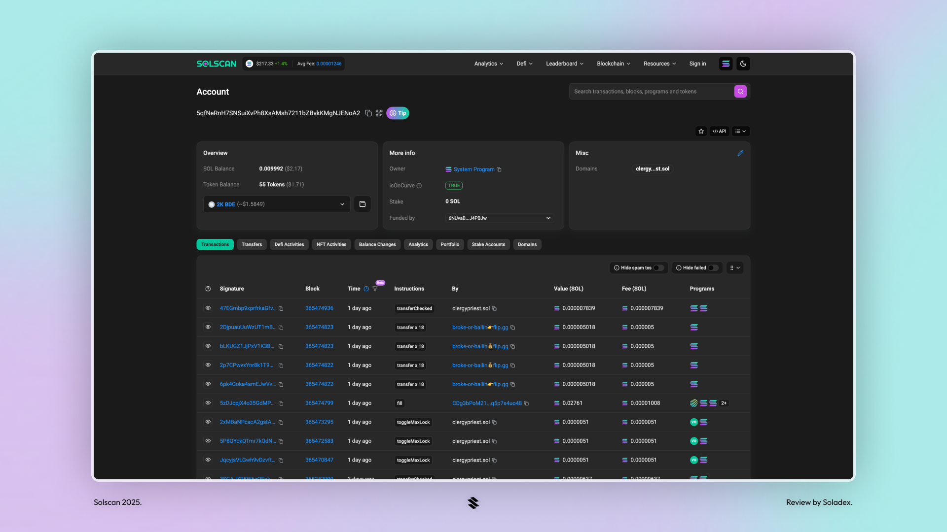 Solana dev wallet holdings Solscan screenshot