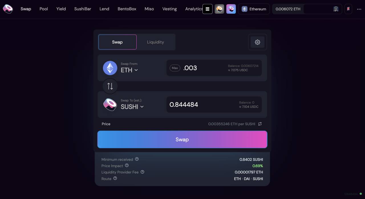 SushiSwap Base network DEX interface