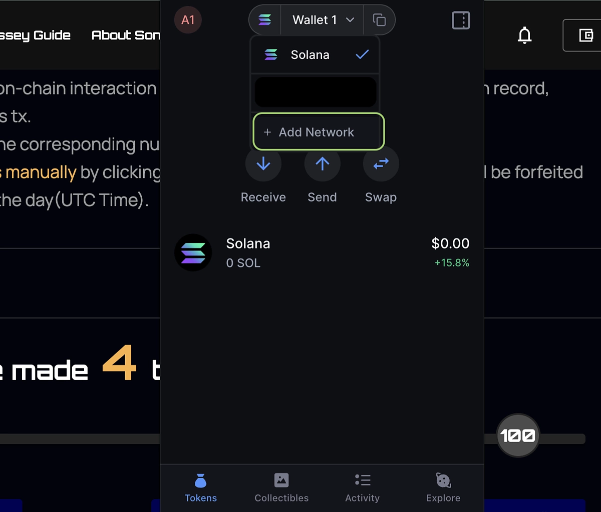 Backpack Wallet interface screenshot displaying Solana L2 RPC addition for Sonic network and asset bridging screen for secure beginner setup on Solana Layer 2 in 2026