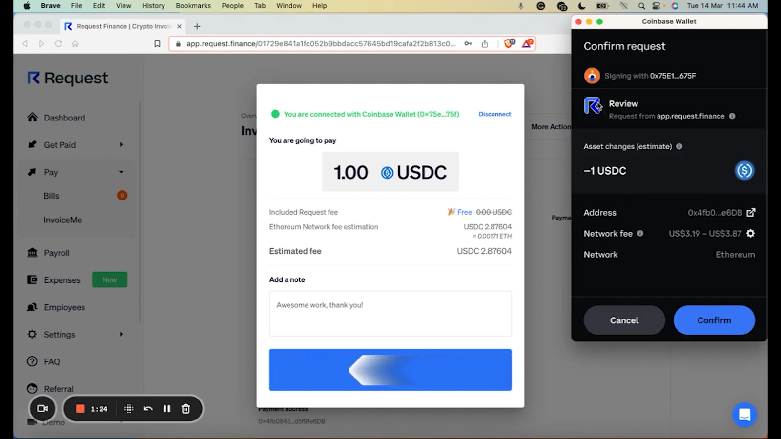 Coinbase wallet funding process screenshot