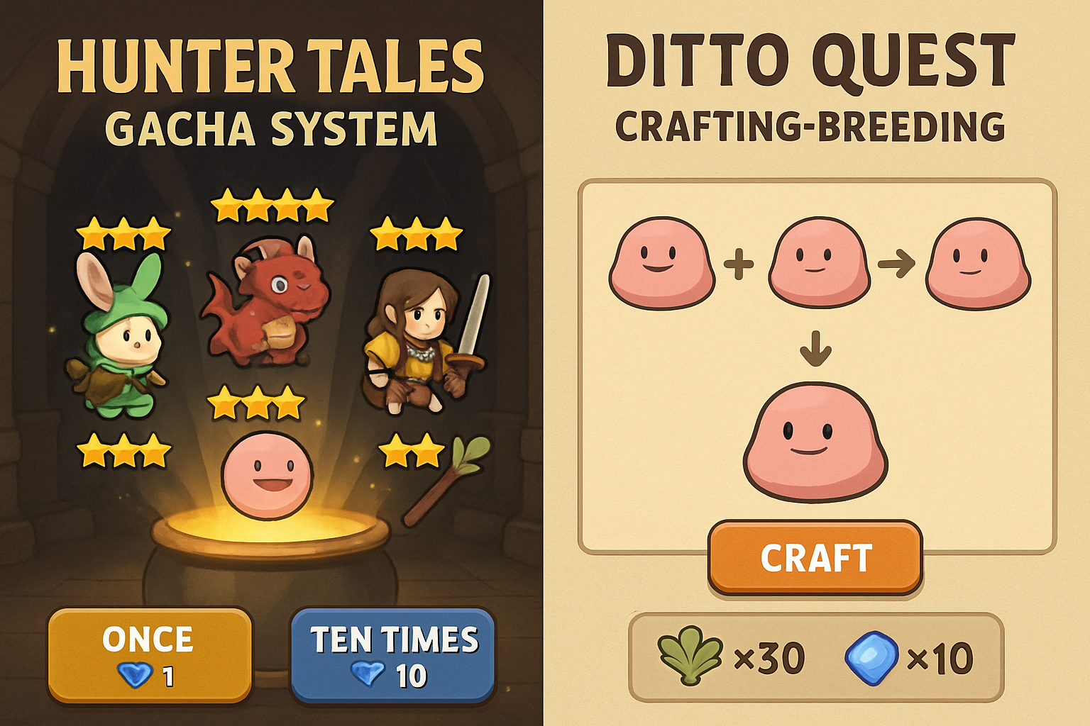 HunterTales gacha system and Ditto Quest crafting breeding